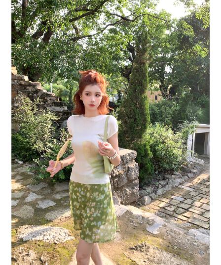 다우 시시 cheese 녹색 리프트 저녁 바람 봄 여름 쇼트 스타일 달콤함 하이웨이스트 슬림해 보이는 다용도 꽃무늬 한 마디 반신 스커트 여성