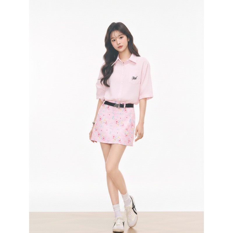 westayoone 고급 센스 핑크색 반팔 셔츠 유화 프린트 짧은 치마 세트 여성 여름 작은 키