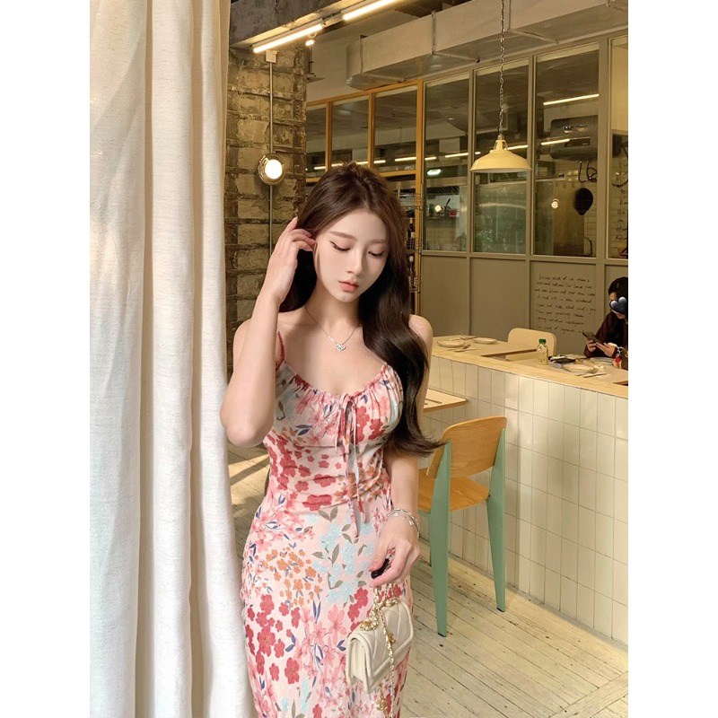 열매 달콤한 달콤하지 않다 sweetie 핑크색 꽃무늬 여성 드레스 여름 새로운 품격 해변가 휴가 슬립 드레스