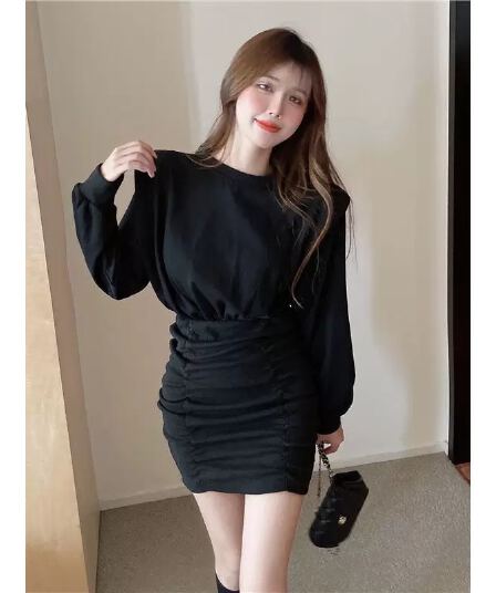 항구 바람 드레스 2026 년 가을 새로운 작은 키 인사이드 가져 가라. 타이트 스커트 품격 슬림해 보이는 섹시함 긴팔 치마 트렌디