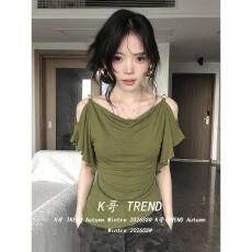 批发多巴胺绿色荡领荷叶边<b class='q'>露肩</b><b class='q'>T</b><b class='q'>恤</b>女夏季穿搭气质辣妹风收腰显瘦上衣