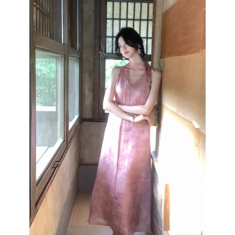 하나부터 순간 Taohuawu 실크 뽕나무 누에 실크 어둠 곡물 행침 목 드레스 부드러운 품격 V넥 루즈핏 치마