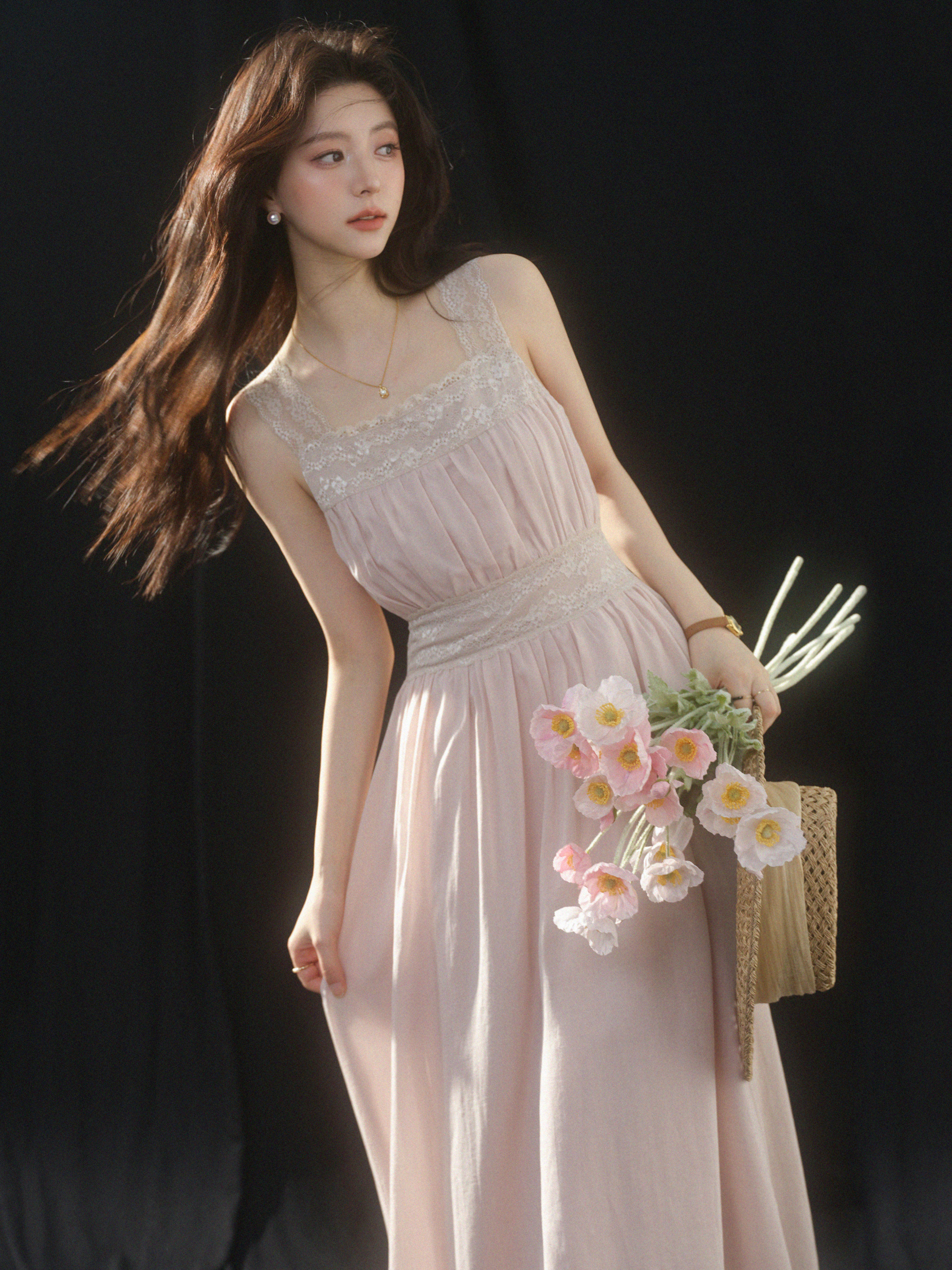sleepybunny 핑크색 광장 칼라 레이스 슬립 여성 드레스 여름 프랑스식 작은 키 허리 수축 한 마디 롱 스커트