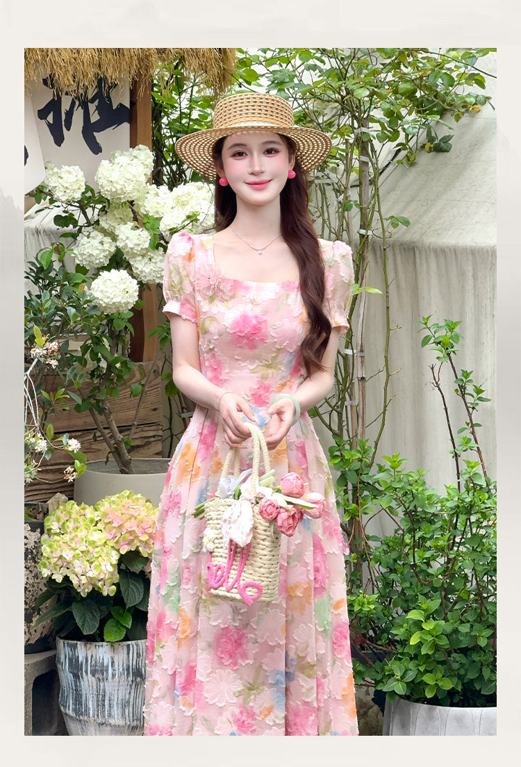 lili 리 리 가족 장미 꽃의 계절 프랑스식 휴가 바람 꽃 큰 진자 여성 드레스 핑크색 아름다운 롱 스커트