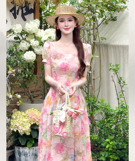 lili 리 리 가족 장미 꽃의 계절 프랑스식 휴가 바람 꽃 큰 진자 여성 드레스 핑크색 아름다운 롱 스커트