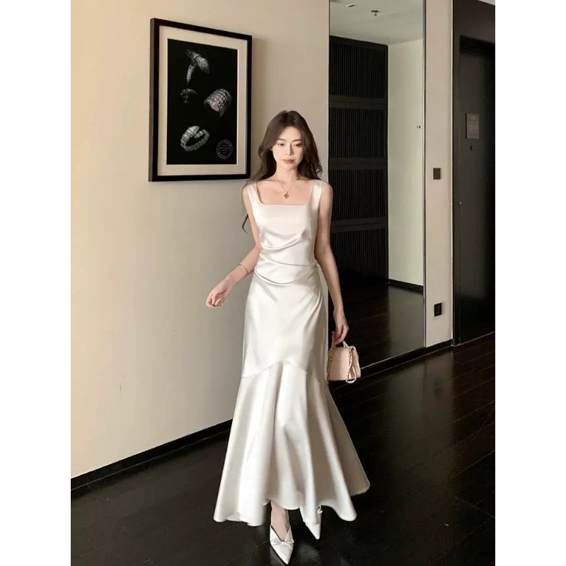 그러나 너 butyou 화이트 새틴 슬립 여성 드레스 여름 인어 꼬리 롱 코트 참여 모임 연회 작은 드레스