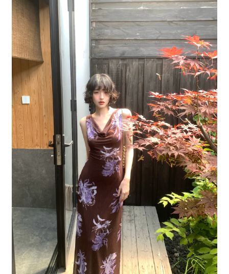 와인 정오 직접 만든 신제품 켜기 새로운 황혼 꽃 뗏목 레트로 우아함 디자인 센스 프린트 롱 스커트 드레스