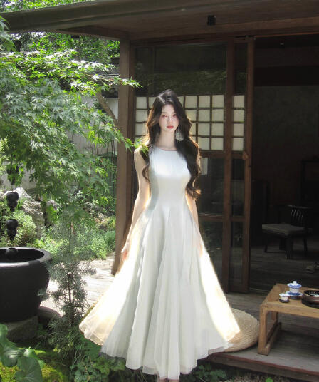하나부터 순간 하프 컵 차 프랑스식 부드러운 바람 망사 삽입 조각 민소매 드레스 슬림해 보이는 품격 롱 스커트