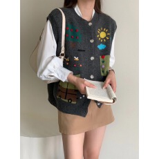 批发芝士~童趣卡通针织<b class='q'>背心</b>马甲女秋季外搭叠穿宽松圆领马夹外套