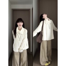 批发芝士~韩系高级翻领麻花女秋冬季软糯温柔套头毛衣打底长裤两件套