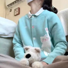 批发芝士~韩系甜美彩扣<b class='q'>开衫</b>童趣小猫提花针织衫女糖果色慵懒软糯<b class='q'>毛衣</b>