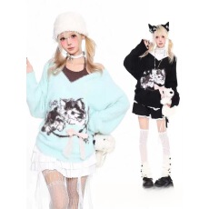批发芝士~韩系甜美彩扣<b class='q'>开衫</b>童趣小猫提花针织衫女糖果色慵懒软糯<b class='q'>毛衣</b>