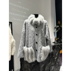 批发芝士~新款麦穗麻花真狐狸毛皮草外套女海军领车条针织衫毛衣