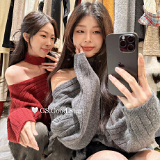 批发芝士～冬气质小女人露肩设计感针织<b class='q'>小衫</b>配可拆卸围脖