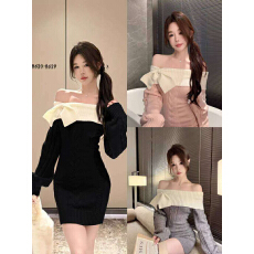 批发纯欲甜辣连衣裙一字肩拼色显瘦收腰毛衣设计感蝴蝶结针织包臀裙