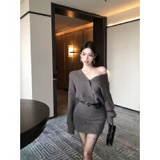 批发法式气质红色长袖针织连衣裙女春季性感复古收腰显瘦包臀裙短裙子