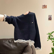 批发小兔绒长袖上衣针织衫女秋冬刺绣花<b class='q'>甜美</b>蕾丝圆领保暖毛衣