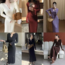 批发林妍儿v领针织<b class='q'>连衣裙</b>女秋冬修身显瘦气质设计感毛衣内搭打底长裙