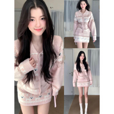 批发2025新款超好看费尔岛粉色毛衣套装<b class='q'>连衣裙</b>子女秋冬季圣诞穿搭短裙