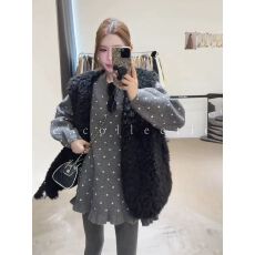 批发韩系木耳边波点圆领长袖<b class='q'>针织衫</b>女宽松减龄显瘦<b class='q'>中长款</b>毛衣保暖上衣