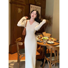 批发SYT自制 跑量v领坑条针织<b class='q'>连衣裙</b>女秋冬新款绑带收腰简约打底裙子