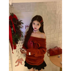批发新款<b class='q'>甜美</b>圣诞蝴蝶结一字肩麻花针织上衣高腰半身裙套装