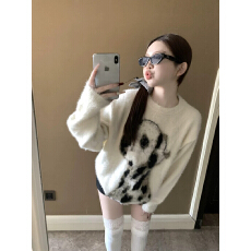 批发秋冬<b class='q'>毛衣</b>女高级感2025新款仿貂毛斑点狗宽松圆领慵懒风针织衫上衣