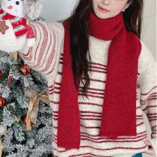 批发韩系<b class='q'>条纹</b>软糯百搭毛衣外套女秋冬新款宽松显瘦加厚套头针织+围脖