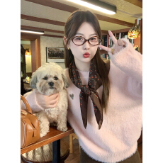 批发曾小咸 韩系粉色水<b class='q'>貂绒</b>圆领毛衣女秋冬季宽松慵懒针织衫上衣加厚