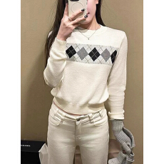 批发韩系复古菱格圆领毛衣针织衫女秋冬新款学院风显瘦高级内搭上衣潮