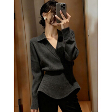 批发高级感法式时尚收腰V领针织衫上衣冬季新款气质显瘦内搭加厚毛衣