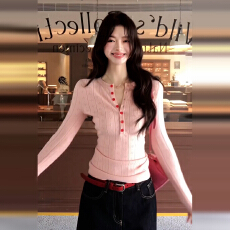 批发2025新款韩系漂亮粉色针织毛衣女秋冬季修身显瘦内搭打底长袖上衣