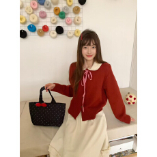 批发<b class='q'>夏</b>珍娃娃领蝴蝶结系带开衫针织毛衣女冬季新款温柔风软糯慵懒外套