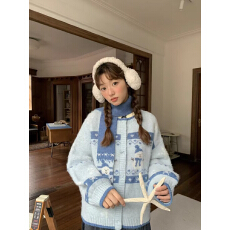 批发趣味雪人提花外套<b class='q'>女</b>秋冬季慵懒风软糯短款针织开衫上衣+围巾