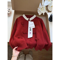 批发韩系复古红色新年蝴蝶结<b class='q'>蕾丝</b>毛衣外套女春秋冬小香风长袖针织开衫