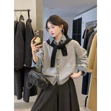 批发牛仔衬衫领拼接假两件毛衣女秋冬2025新款韩系chic高级感针织外套