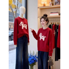 批发可爱提花小马图案针织衫女<b class='q'>春</b>季新款新年红色本命年毛衣2026