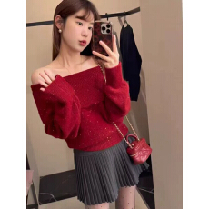 批发2025秋冬新款<b class='q'>韩版</b>时尚百搭一字领<b class='q'>针织衫</b>女宽松显瘦毛衣外套上衣