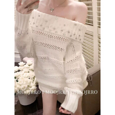 批发法式白色镶钻一字肩套头毛衣女<b class='q'>秋</b>冬高级感慵懒风气质宽松长袖上衣