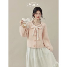 批发粉童话蝴蝶结绑带女士秋冬季粉色毛衣毛织<b class='q'>开衫</b>上衣