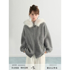 批发ARCG 灰色针织<b class='q'>毛衣</b>开衫女秋冬2026新款慵懒加厚连帽毛领外套冬季