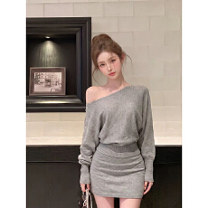 批发韩系慵懒松弛感斜肩针织上衣女秋冬设计感半身<b class='q'>包臀</b>裙套装