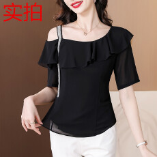 批发设计感<b class='q'>雪纺</b>衫女斜领一字露肩上衣时尚T恤衫宽松蝙蝠短袖2025夏季