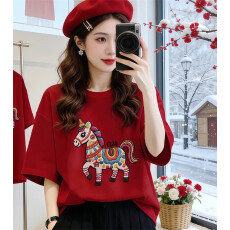 批发红色马年本命年<b class='q'>衣服</b>新年短袖t恤女纯棉2026新款宽松百搭过年上衣