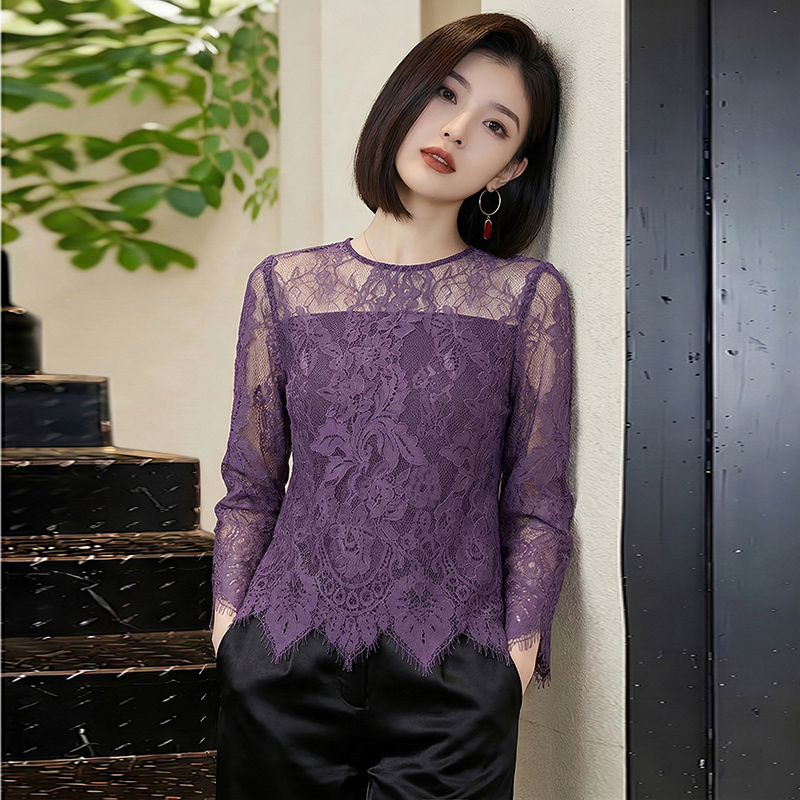 홀로우 아웃 시스루 레이스 셔츠 맨위 여성 2026 봄 여름 새로운 보라색 Chic 기본 셔츠 여성 패션 작은 셔츠