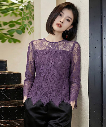 홀로우 아웃 시스루 레이스 셔츠 맨위 여성 2026 봄 여름 새로운 보라색 Chic 기본 셔츠 여성 패션 작은 셔츠