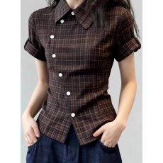 批发美式复古咖色格纹短袖衬衫女2026春夏超火减龄修身Polo领t恤上衣