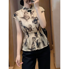 批发复古清冷气质新中式蝴蝶印花立领衬衫女春夏新款绝美气质收腰上衣