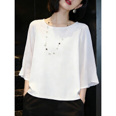 批发圆领中袖雪纺衬衫女2026春夏季新款简约百搭宽松显瘦休闲减龄上衣