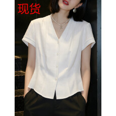 批发<b class='q'>白色</b>亚麻短袖<b class='q'>衬衫</b>女2026夏季新款设计感小众压褶收腰V领棉麻上衣